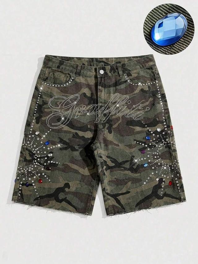 men's camouflage denim shorts with sparkling diamond embellishments