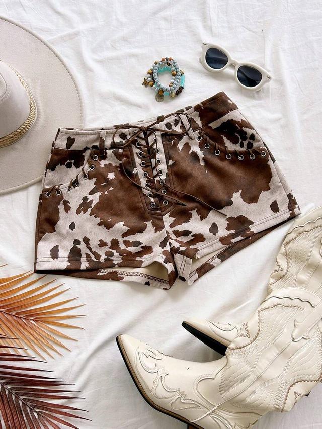 women's retro cow print lace up suede shorts