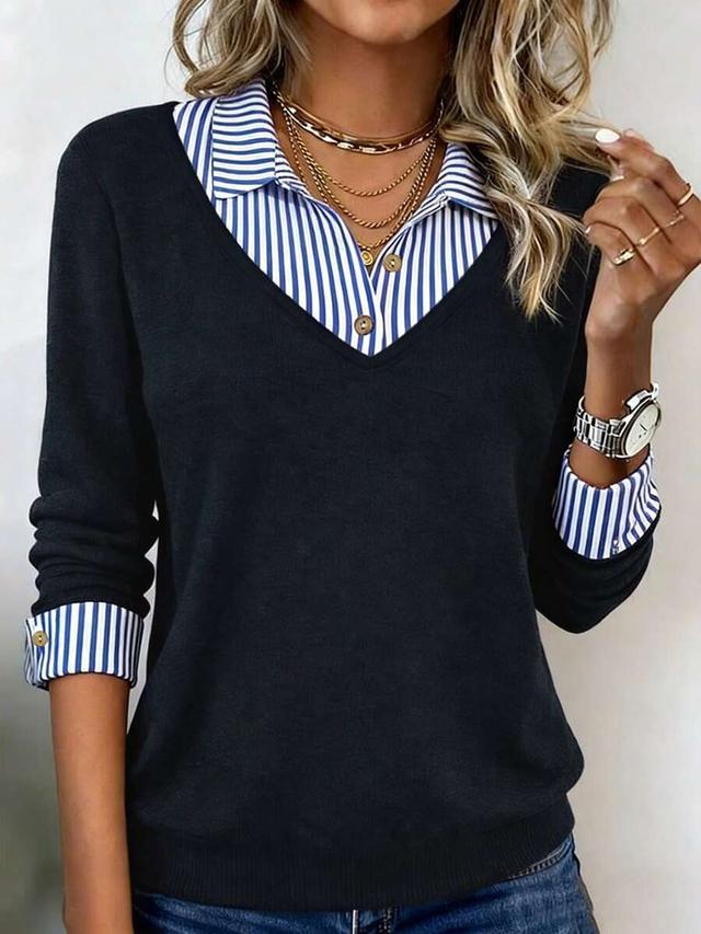 navy blue knit sweater with striped shirt collar