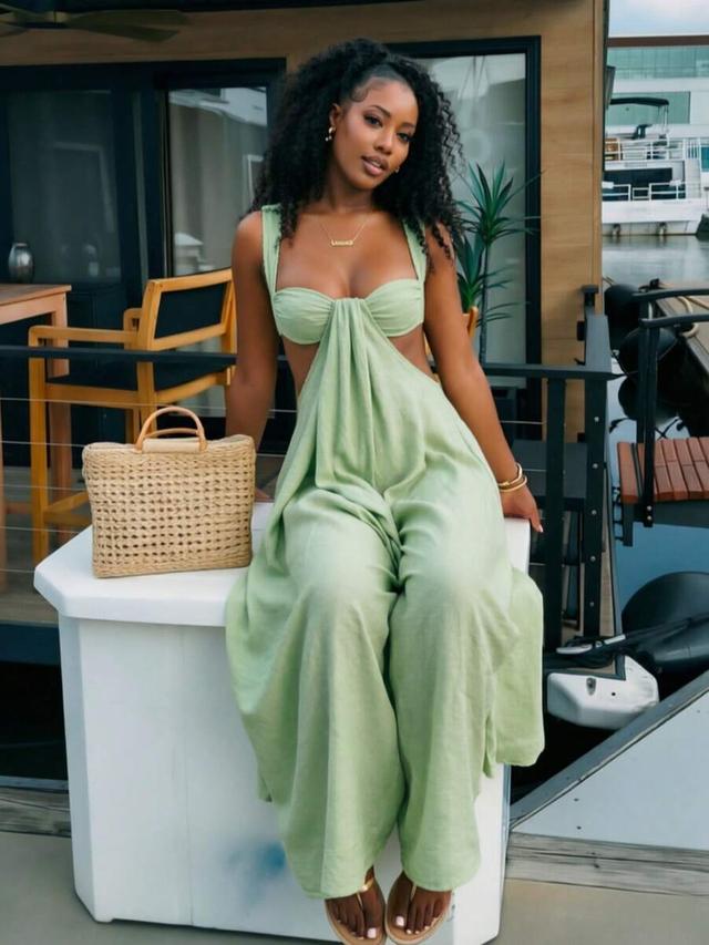 sage green twisted bust cutout wide leg jumpsuit