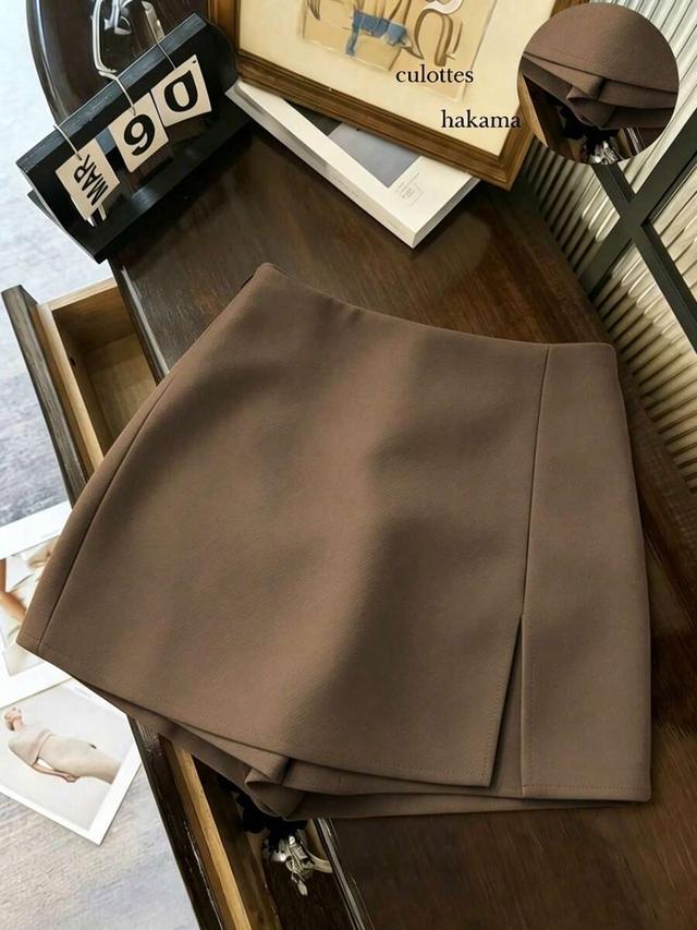 brown textured high waist slit culotte shorts