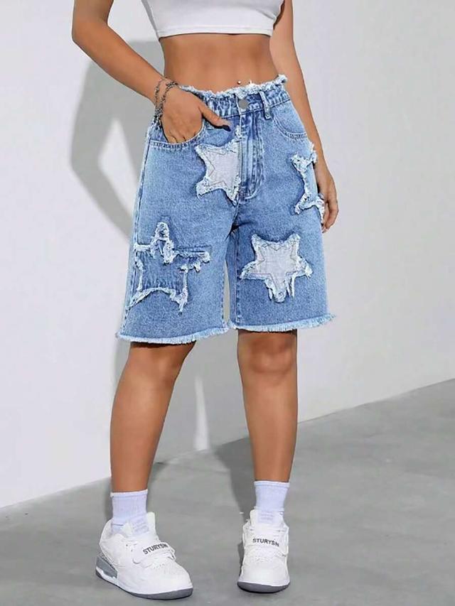 distressed denim shorts with raw edge star patches