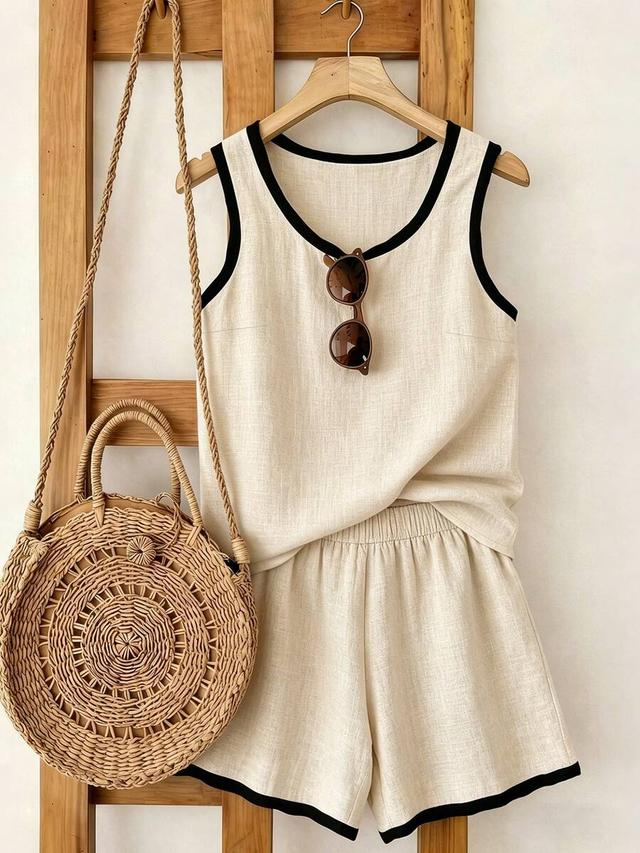 beige linen tank top with matching black-trimmed shorts
