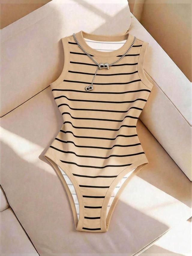 beige and black striped knit sleeveless bodysuit