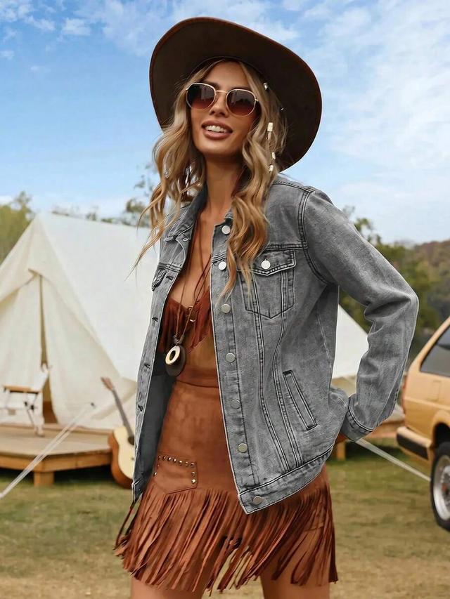 grey washed denim long sleeve button front jacket