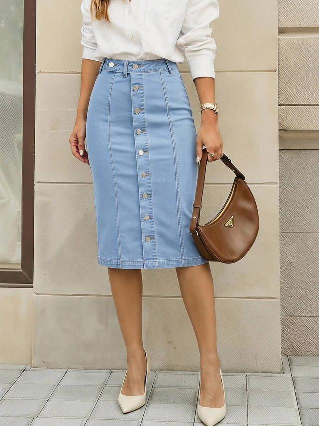 light wash denim button-front midi skirt