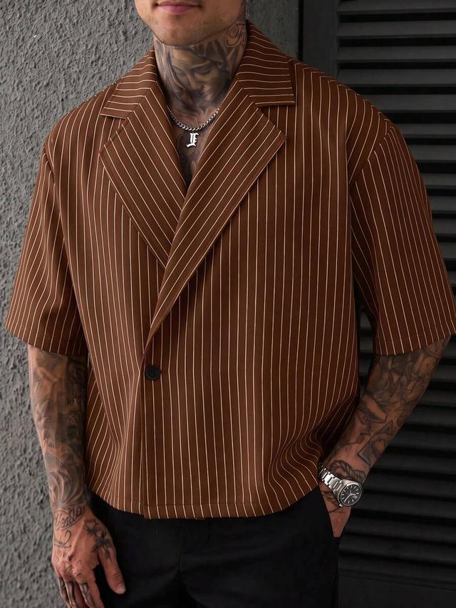 brown striped short sleeve button down shirt