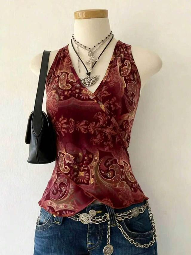 paisley print velvet v-neck sleeveless asymmetric top