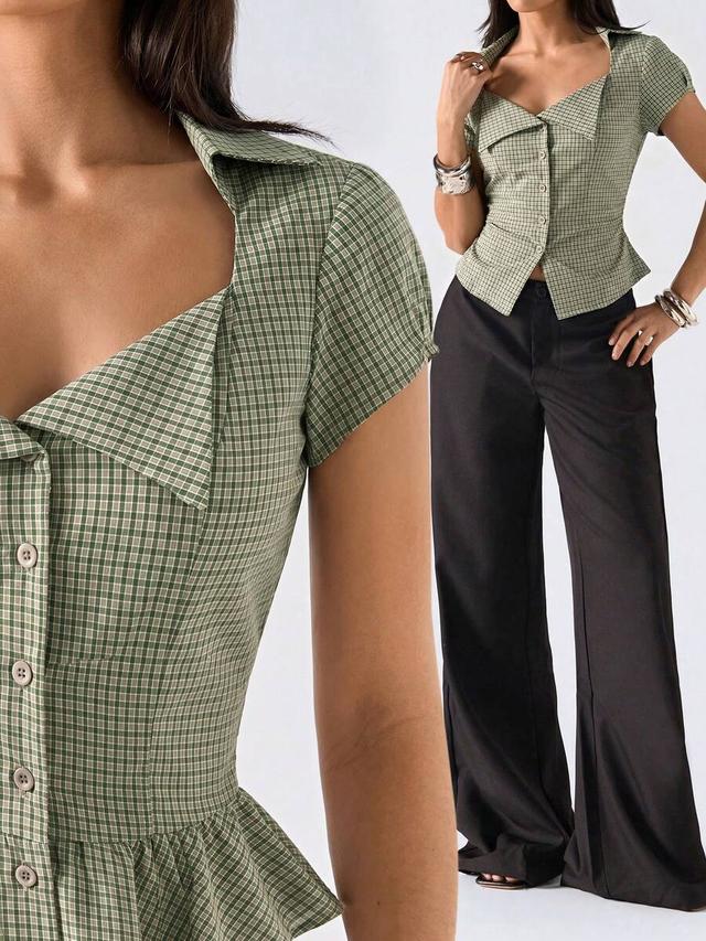 green plaid belted short sleeve blouse