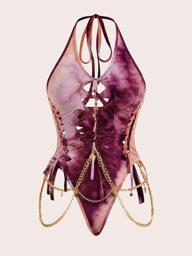purple tie dye halter neck woven chain detail bodysuit