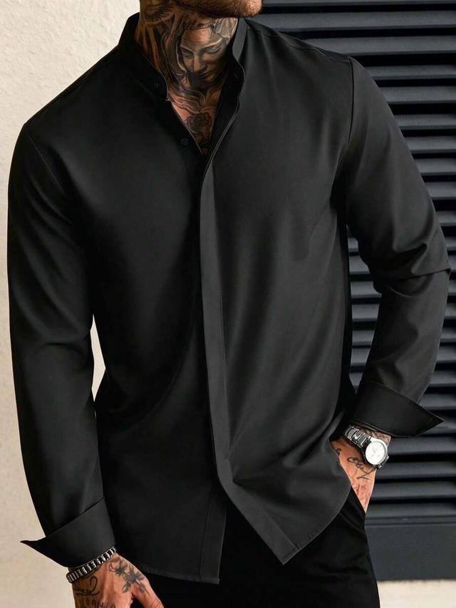 black stand-up collar long sleeve button shirt
