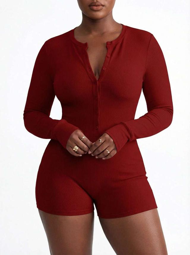 burgundy ribbed button front fitted long sleeve jumpsuit