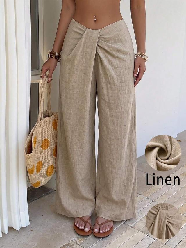 beige linen front twist wide leg trousers
