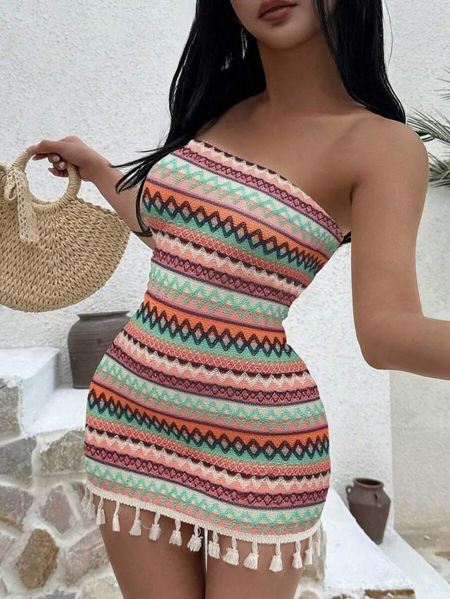 pink and green boho strapless tassel patchwork dress