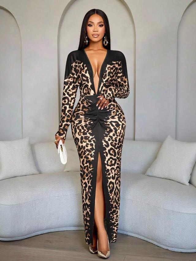 elegant black leopard print long sleeve maxi dress