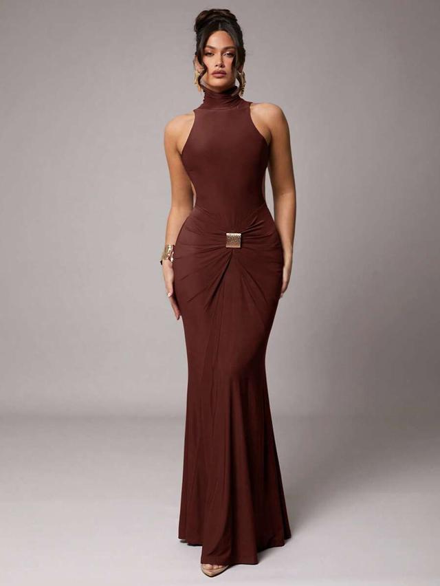 dark brown high neck backless stretch knit evening dress