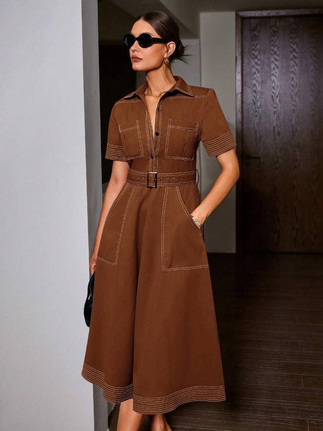 brown vintage inspired short sleeve midi dress