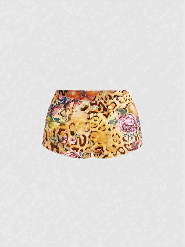 floral and leopard print low-waist denim shorts