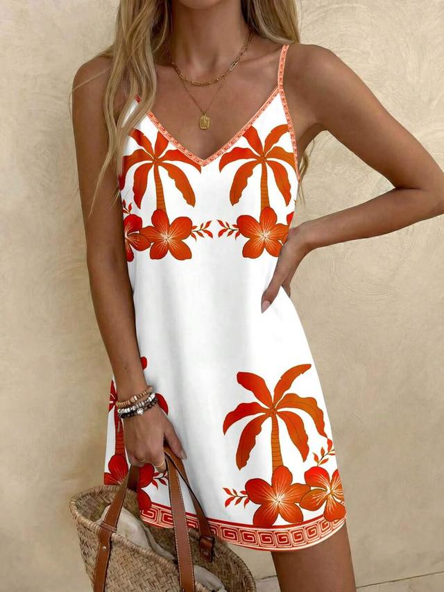 tropical print spaghetti strap shift dress