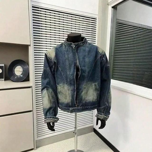 men's distressed washed denim moto jacket