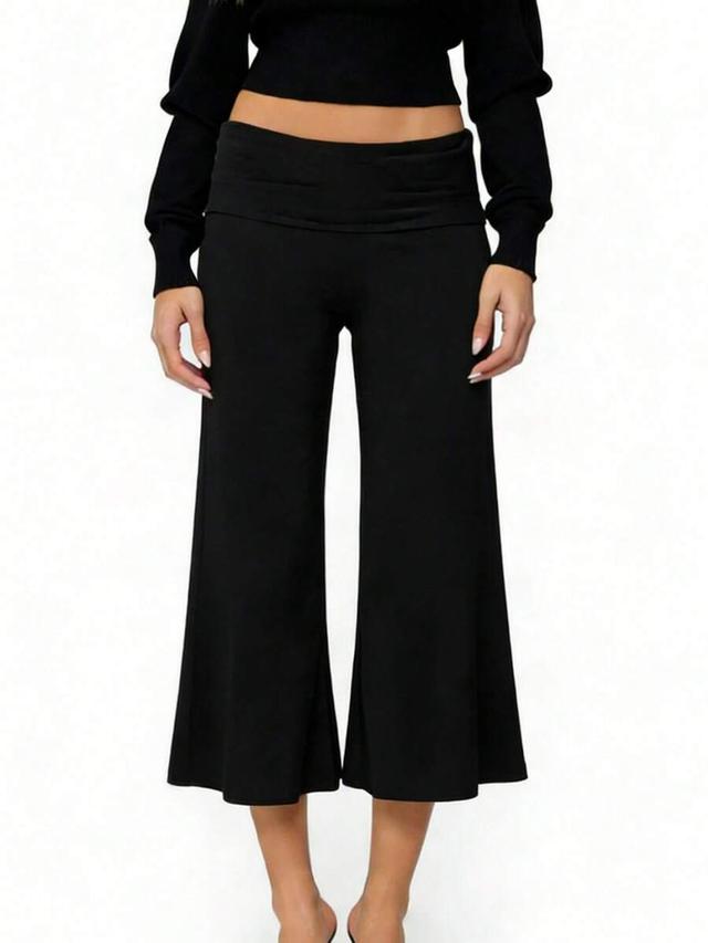 solid black fold over waist cropped wide leg trousers