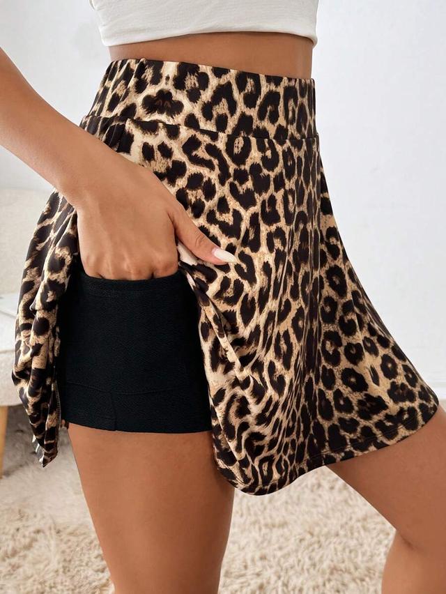 leopard print double-layer athletic skort with pockets