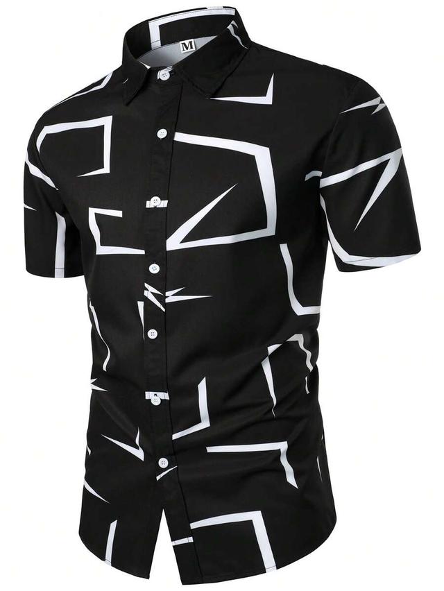 men's black short sleeve shirt with white geometric pattern