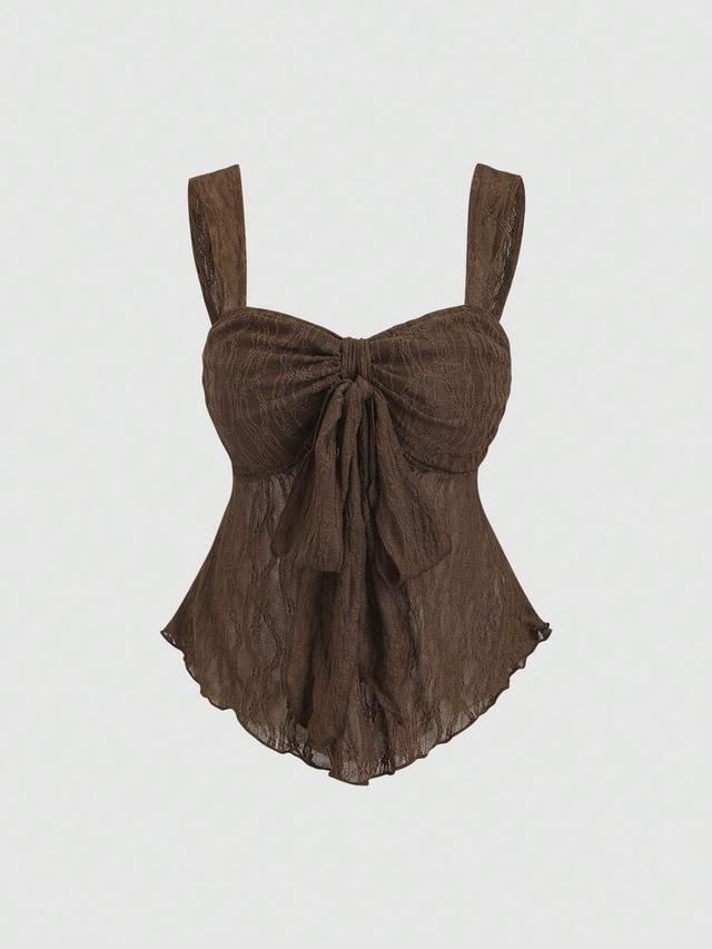 brown textured lace wide strap bow top