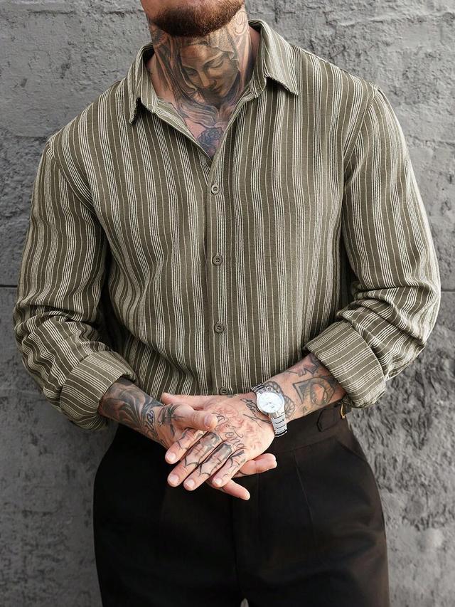vintage brown and white striped casual long sleeve shirt