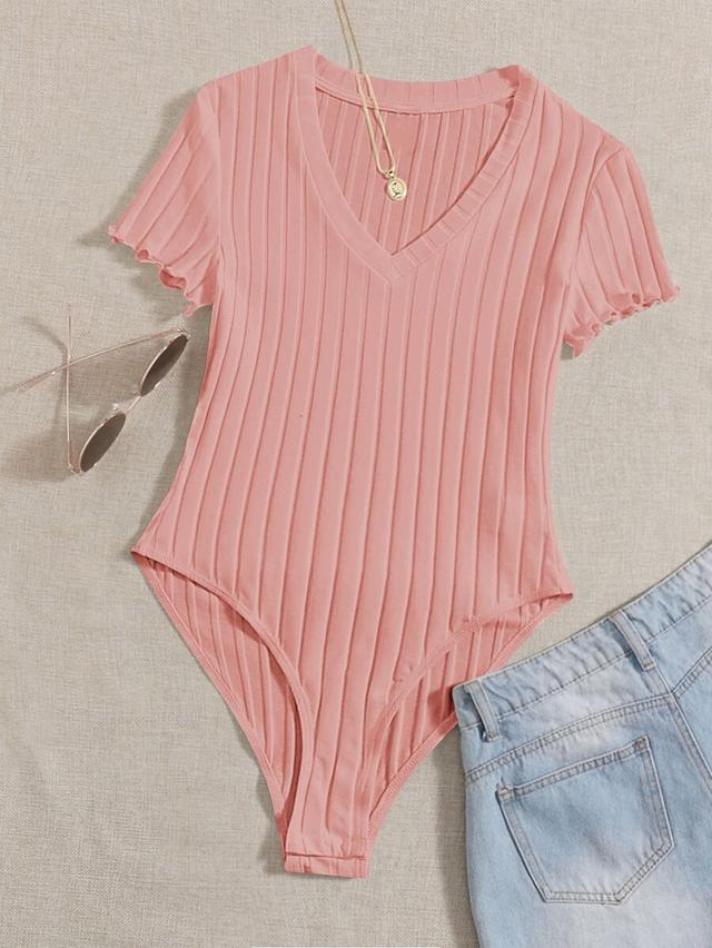 pink ribbed v-neck short sleeve bodysuit
