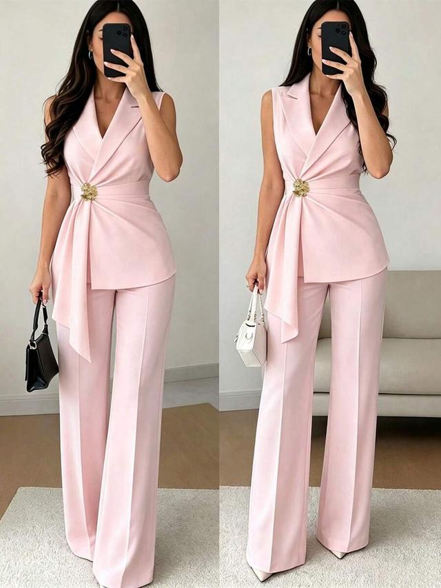 light pink sleeveless vest and straight leg trousers set