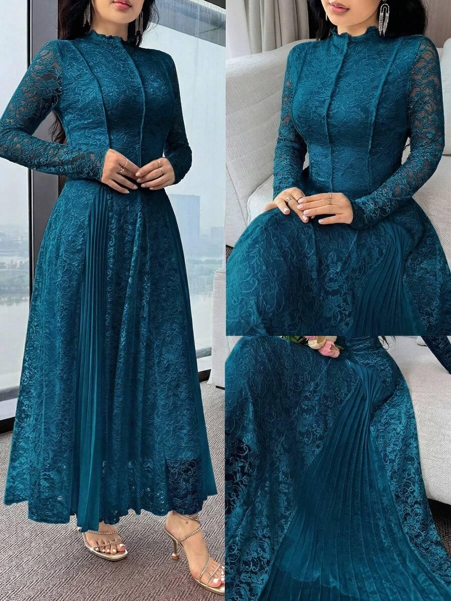 feyla women's elegant contrast lace pleated waist long sleeve dress