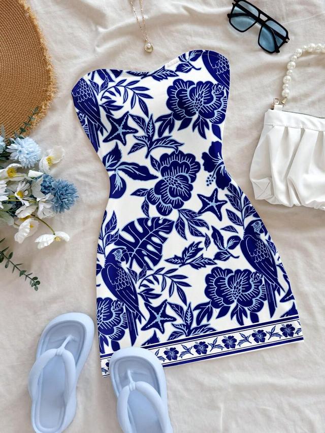 blue and white floral print strapless mini dress