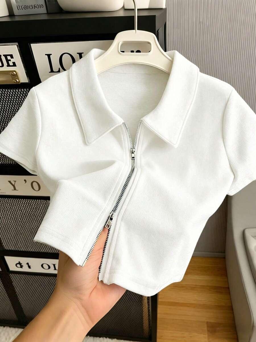 women's solid white short sleeve zip front casual top