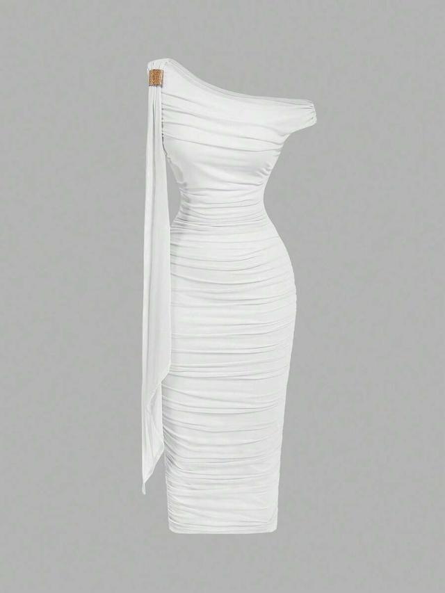 white one-shoulder ruched bodycon midi dress