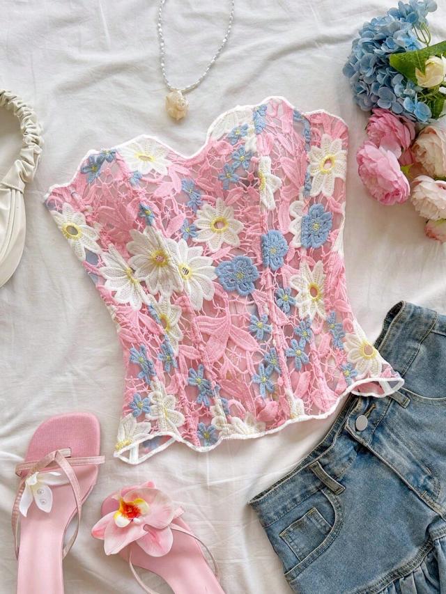 pink floral embroidered lace corset bustier top