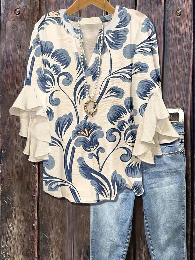 floral print ruffle collar blouse in polyester