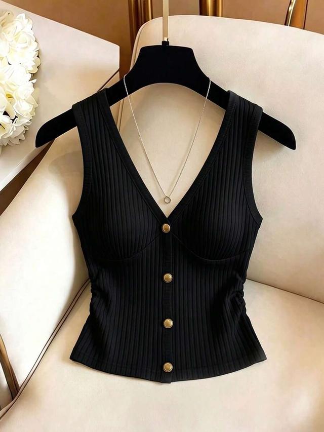 black v-neck ribbed knit button decorated vest