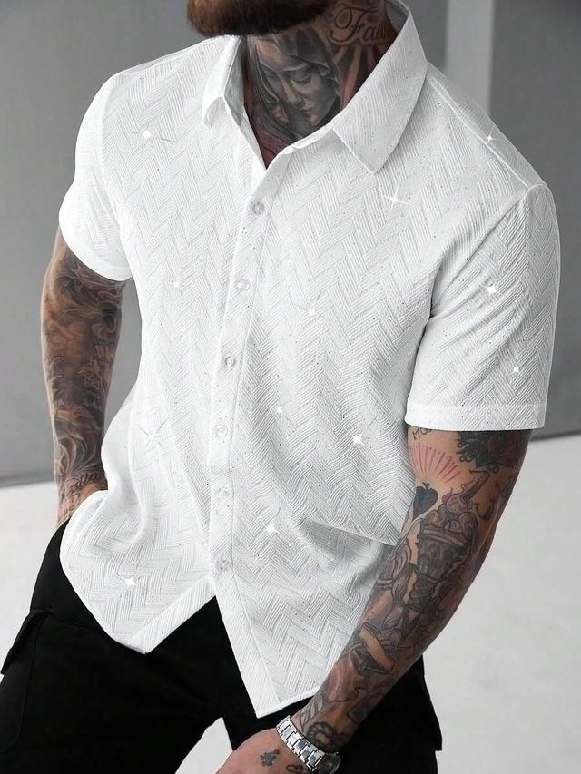 white textured herringbone short sleeve button-up shirt