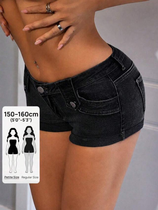 low waist black denim casual shorts