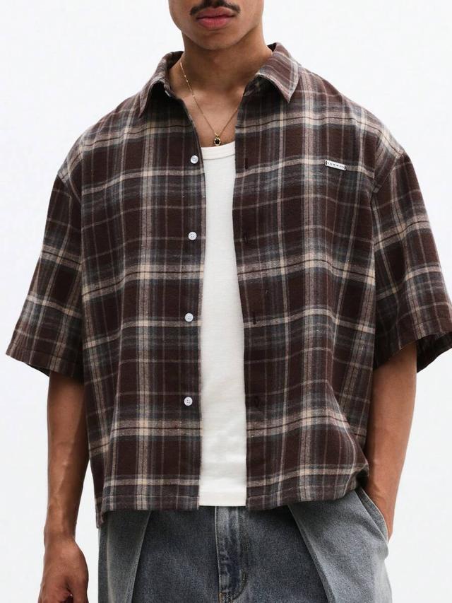 oversized brown plaid flannel short sleeve shirt