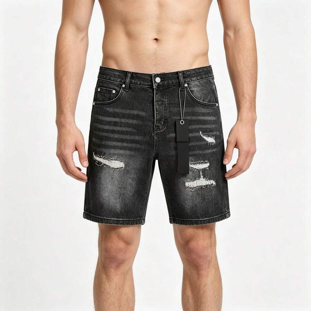 purple men's distressed black denim jean shorts