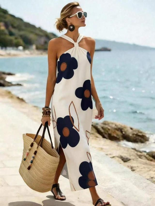 white halter neck midi dress with floral print
