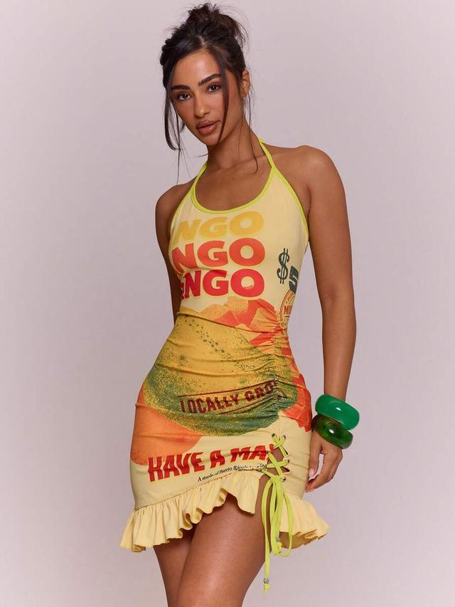 yellow graphic print halter mini dress with ruching