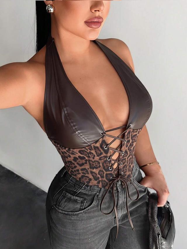 leather patchwork leopard print halter corset top
