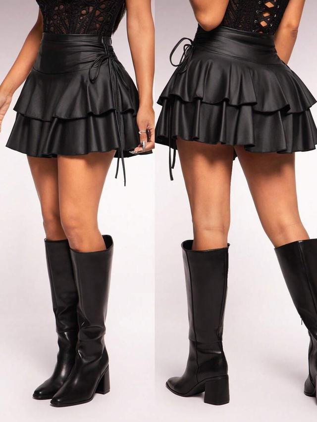 black pu coated satin layered ruffle mini skirt