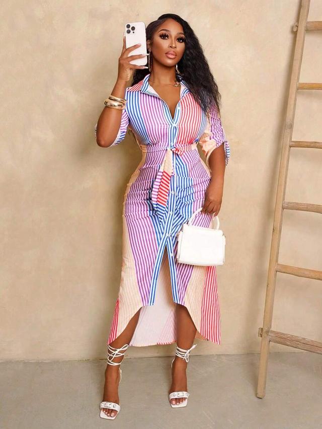 striped button-down shirt dress with tie waist