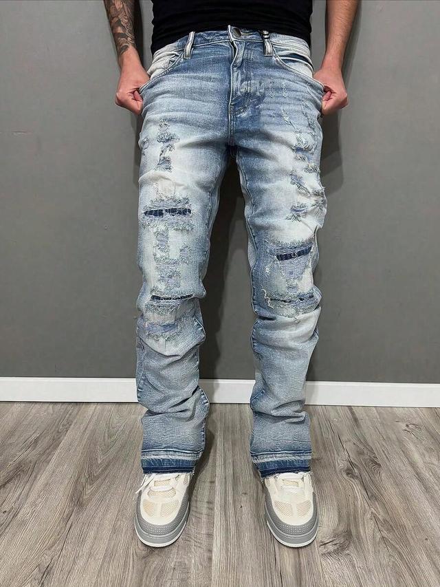 men's light wash distressed flared stretch denim jeans