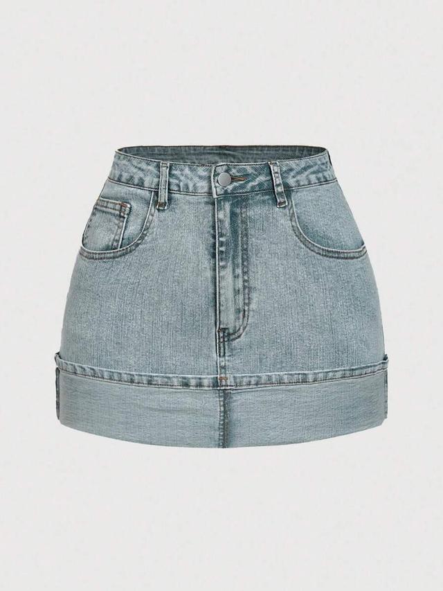 light wash denim mini skirt with rolled hem
