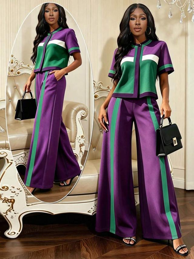 elegant purple and green colorblock two piece set